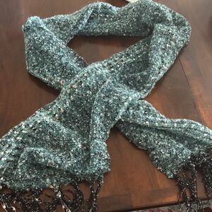 Elegant Teal Tweed Scarf with Fringe